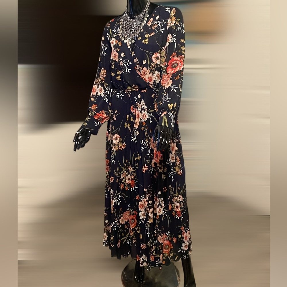 Indigo Rose Navy Blue Floral Chiffon Wrap Front V-Neck Long Sleeve Maxi Dress PL
